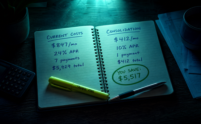 Notebook showing two columns comparing current debt costs versus consolidation loan total costs with circled savings