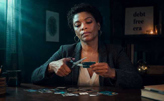 Person using scissors to cut up old credit cards after consolidating with only one card remaining on the table