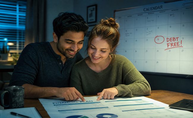 Couple sitting together reviewing a financial plan document with a calendar showing their projected debt-free date circled