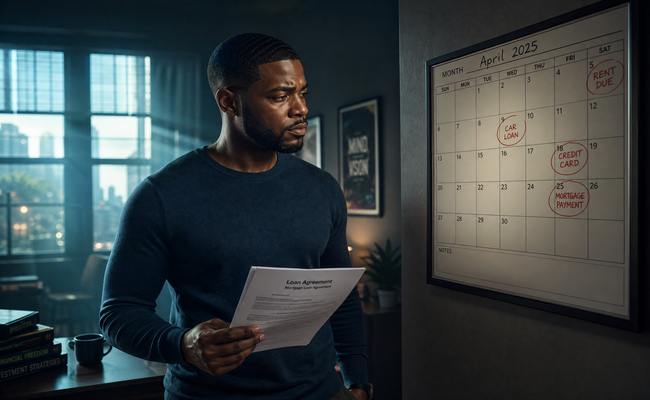 Young man looking at a wall calendar with financial deadlines marked while holding loan documents