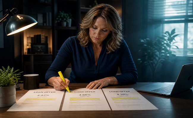 Woman at a desk with three different loan offer letters spread out comparing interest rates and terms