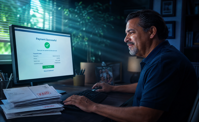 Person at a computer making online payments to multiple creditors with confirmation screens visible