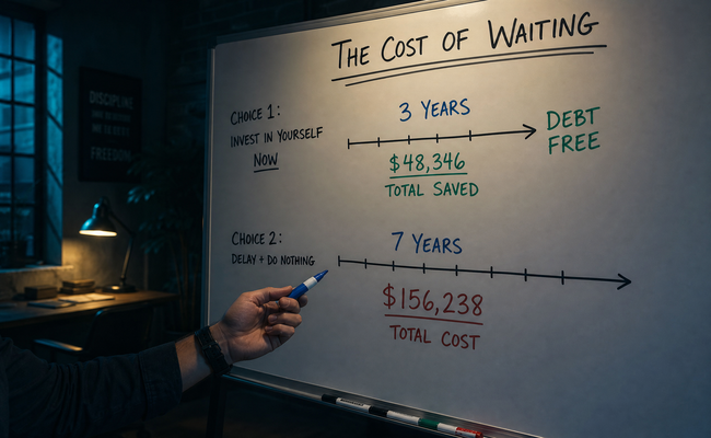 Visual timeline showing a 3-year path versus a 7-year path with dollar amounts at each endpoint
