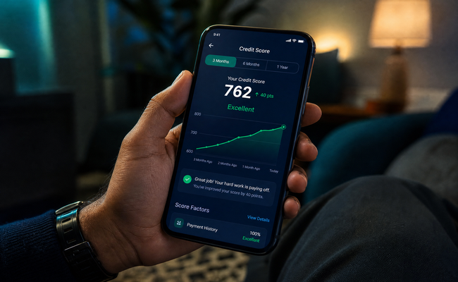 Phone screen showing a credit score graph trending upward over three months after debt consolidation