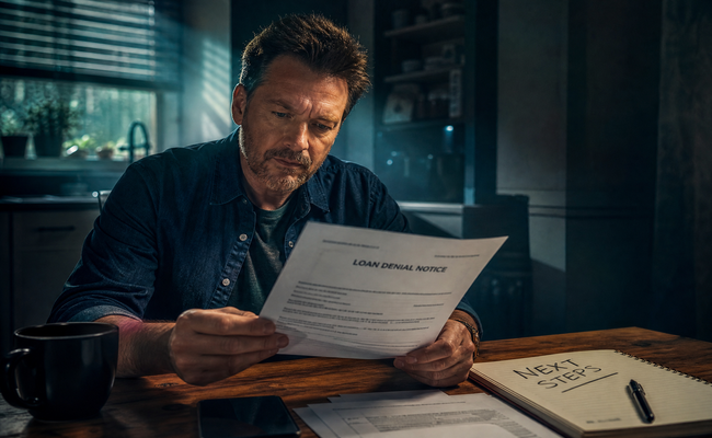 Man reading a loan denial letter at his kitchen table with a concerned but determined expression