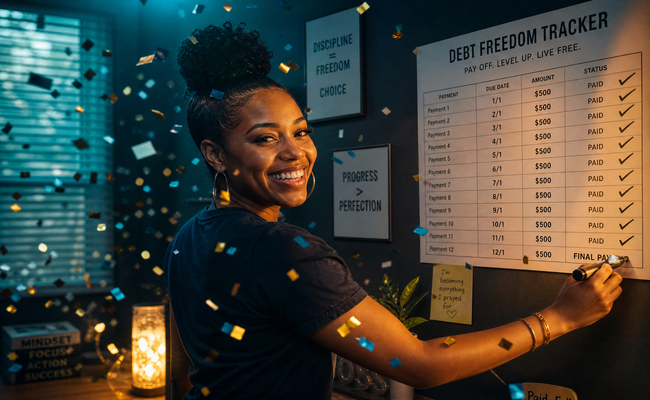 Woman crossing off the final payment on a debt tracker chart on her wall with a celebratory expression