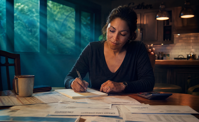 Woman in her mid-30s sitting at a kitchen table with credit card statements spread out and a fresh notebook open for budgeting
