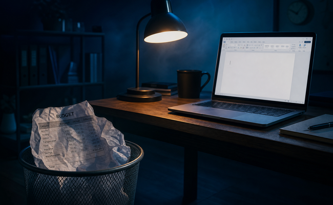 Crumpled budget spreadsheet in a trash can next to a desk with an open laptop showing a blank new document