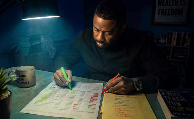 Person highlighting transactions on a bank statement with colored markers and a category list beside them