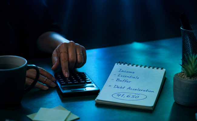 Hands using a calculator with a notepad showing income minus expenses equals debt acceleration amount