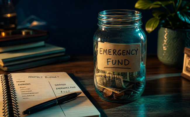 Glass jar labeled emergency fund with cash inside sitting on a desk next to a budget planner and pen