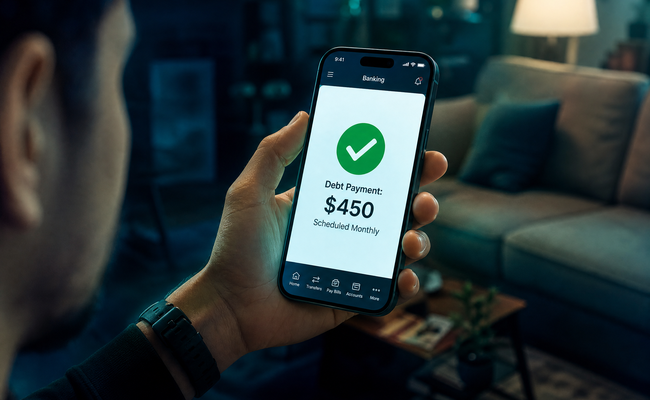 Phone screen showing automatic payment scheduled for debt acceleration with a green checkmark confirmation