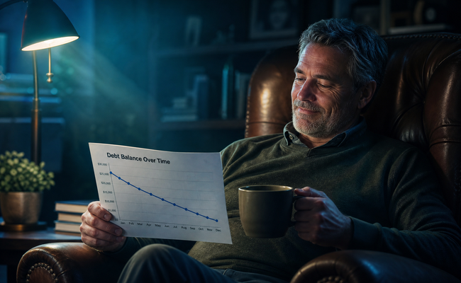 Person looking at a declining debt balance chart on paper with a satisfied expression and a cup of coffee nearby