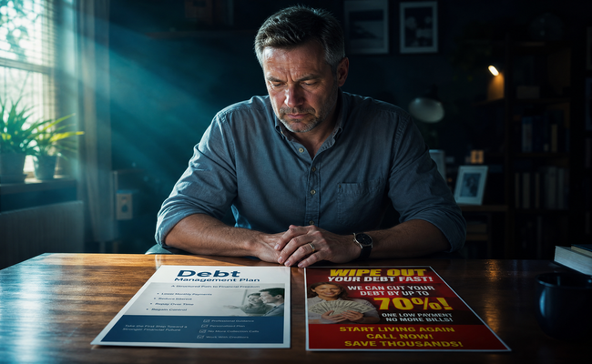 Man in his late 40s at a desk with two brochures side by side looking thoughtful about which debt relief path to choose