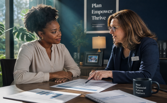 Person sitting across from a counselor at a desk with financial documents and a budget worksheet between them