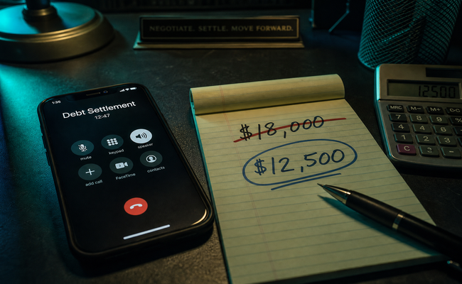 Phone showing a negotiation call in progress with a notepad showing settlement offer numbers and a calculator nearby