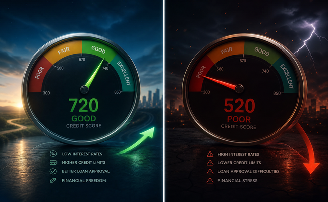 Split image showing a stable credit score graph on the left and a sharply declining credit score graph on the right