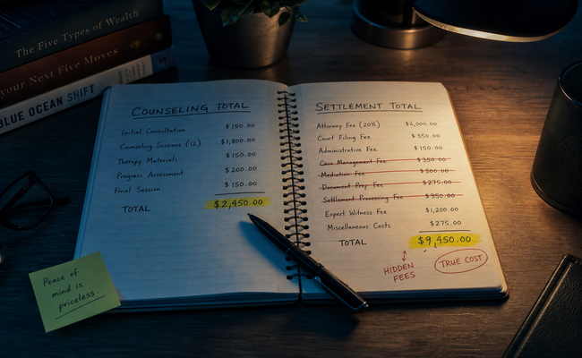 Notebook showing two columns comparing total costs with fees and interest calculated for each debt relief option