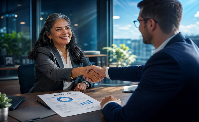 Woman shaking hands with a financial counselor in an office setting with a completed budget plan on the desk