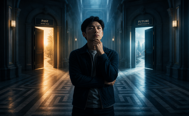 Person standing at a crossroads hallway with two doors labeled with different financial paths looking contemplative