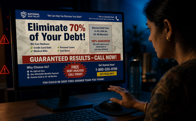 Close-up of a computer screen showing a suspicious debt relief advertisement with red warning indicators highlighted