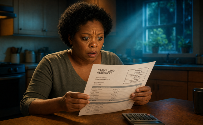 Woman in her early 40s sitting at a kitchen table staring at a credit card statement with a shocked expression