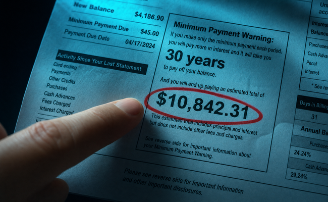 Close-up of a credit card statement showing the minimum payment warning box with payoff timeline highlighted