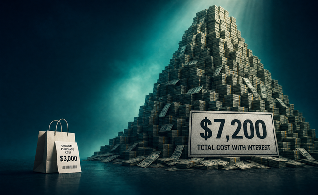 Visual showing a small original purchase amount growing into a massive total with years of interest stacked on top