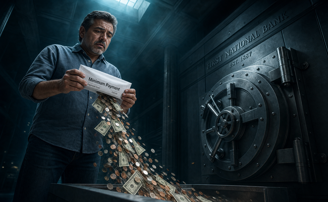 Conceptual image of money flowing from a monthly payment into a large corporate vault representing interest profits