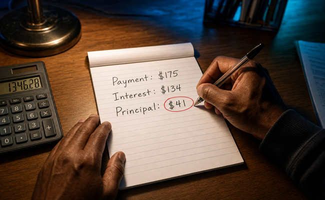 Hands writing calculations on a notepad showing interest versus principal breakdown with a calculator nearby