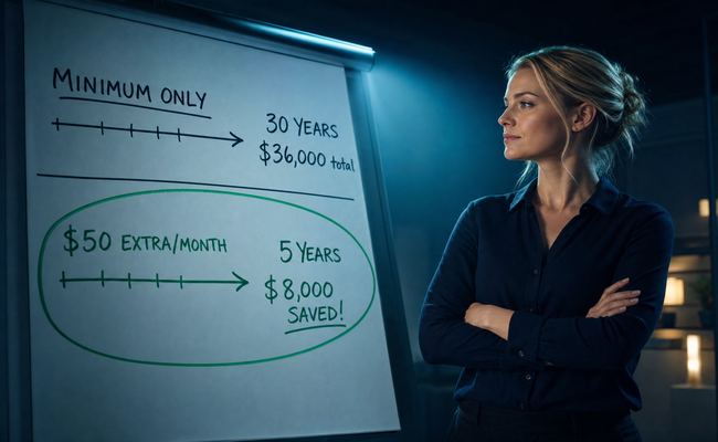 Split comparison showing two timelines on paper with minimum payments taking 30 years versus extra payments taking 5 years