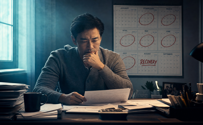 Person sitting at a desk with bills spread out looking stressed but determined with a calendar showing better months ahead