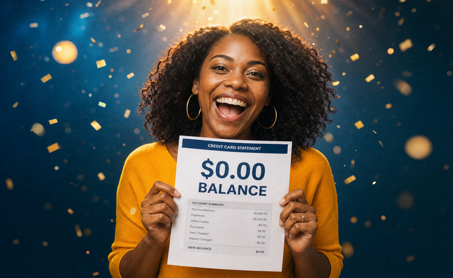 Person confidently cutting up a credit card statement showing zero balance with a celebratory expression