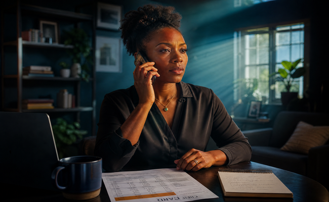 Woman in her mid-30s sitting at a home desk on the phone with a notepad and credit card statement in front of her