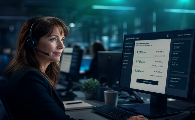 Customer service representative at a computer screen with a retention offer displayed showing rate reduction options
