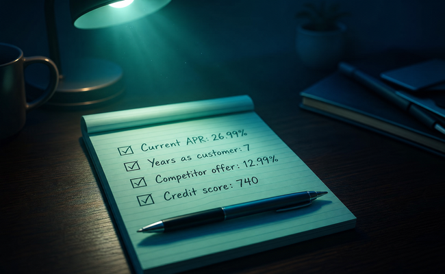 Notepad showing a handwritten checklist with items like current APR and years as customer and competitor offers