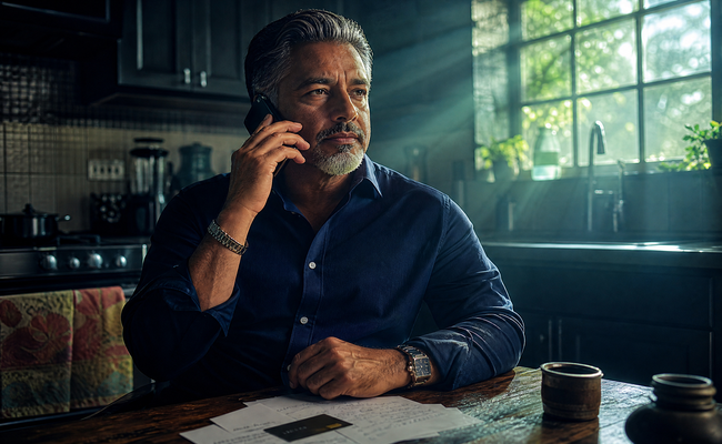 Man in his 50s confidently speaking on the phone at his kitchen table with notes and a credit card visible