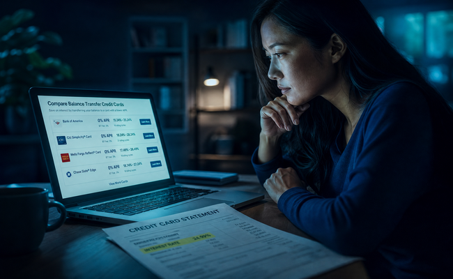 Young woman at a laptop comparing balance transfer offers on screen with her current credit card statement beside her