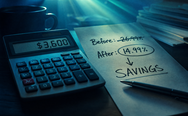 Calculator showing a large savings number next to a before and after interest rate comparison written on paper
