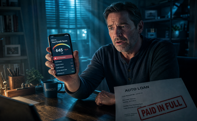 Man in his late 40s looking at his phone with a surprised expression after checking his credit score