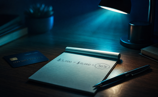 Notepad showing a simple division calculation with credit card balance divided by credit limit equaling a percentage
