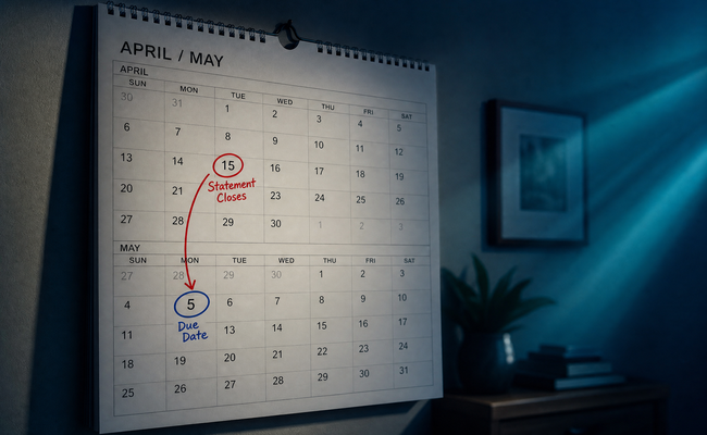 Calendar page with a statement closing date circled and an arrow showing when the balance gets reported to bureaus