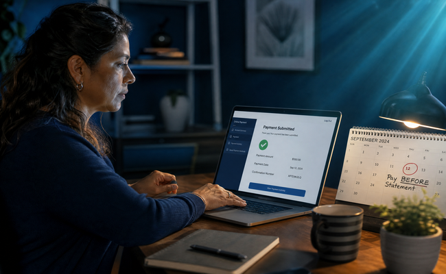 Person making an online payment on their laptop a few days before their statement closing date shown on a calendar