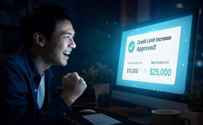 Computer screen showing a credit card account page with a limit increase request form being submitted