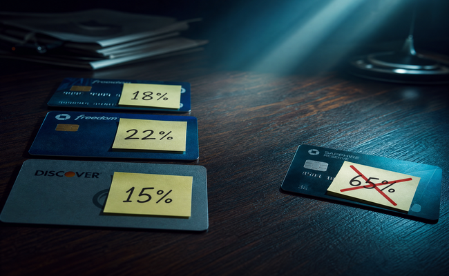 Three credit cards fanned out on a desk each showing a low balance percentage compared to one card showing high utilization