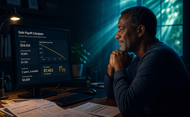 Man in his early 50s sitting at a desk with credit card statements looking relieved as he views results on his computer screen