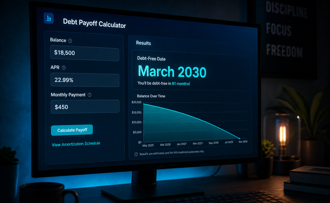 Computer screen showing an online calculator with fields for balance and interest rate and a projected payoff date displayed