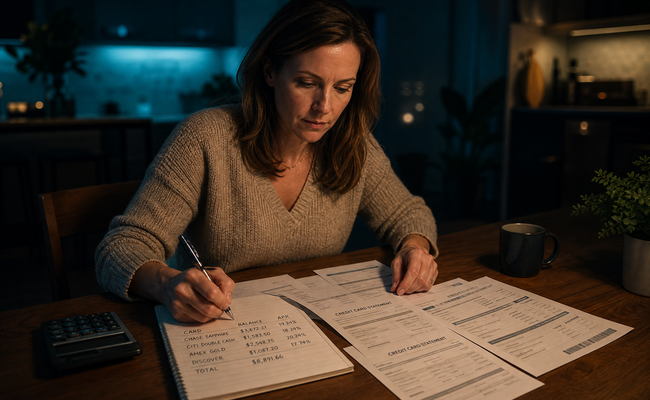 Kitchen table with several credit card statements spread out and a notepad listing each balance and APR