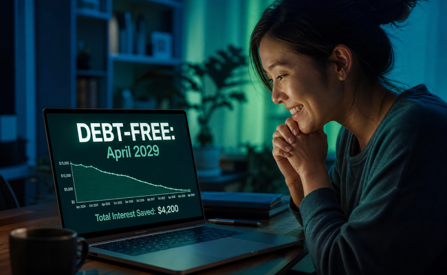 Computer screen displaying a debt-free date with a countdown timer and a declining balance graph below it