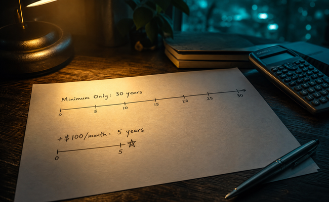 Before and after comparison on paper showing how an extra one hundred dollars per month cuts the payoff timeline from thirty years to five years